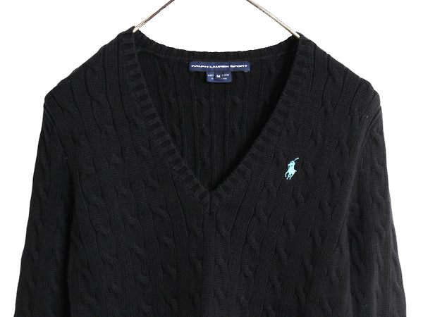 ラルフローレン コットン ケーブル ニット セーター レディース M / 古着 ポロ スポーツ Vネック 長袖ニット ワンポイント ポニー ブラック