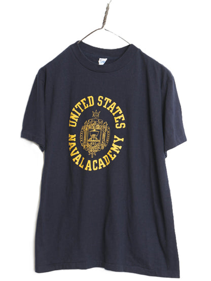 80s USA製 チャンピオン US NAVY プリント 半袖 Tシャツ メンズ L 古着 ヴィンテージ シングルステッチ ミリタリー USN 軍物 紺 トリコタグ