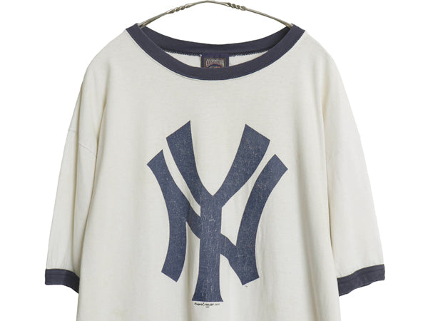 00s USA製 ヤンキース プリント リンガー Tシャツ メンズ XL オールド MLB オフィシャル マジェスティック 大リーグ ツートン 大きいサイズ