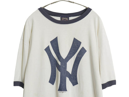 00s USA製 ヤンキース プリント リンガー Tシャツ メンズ XL オールド MLB オフィシャル マジェスティック 大リーグ ツートン 大きいサイズ