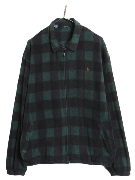 90s USA製 ポロ ラルフローレン フリース スイングトップ ジャケット メンズ XXL オールド ブロック チェック ツートン 大きいサイズ 黒 緑