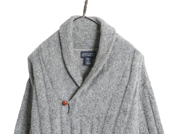 90s USA製 ランズエンド ショールカラー ニット セーター メンズ M オールド ウール リブ編み 無地 プルオーバー シンプル ゆったり グレー