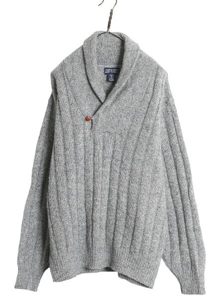 90s USA製 ランズエンド ショールカラー ニット セーター メンズ M オールド ウール リブ編み 無地 プルオーバー シンプル ゆったり グレー
