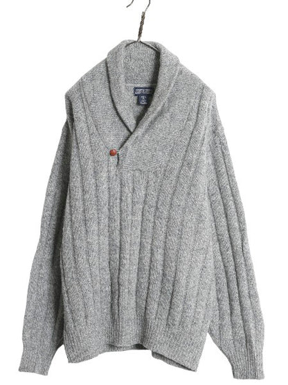 90s USA製 ランズエンド ショールカラー ニット セーター メンズ M オールド ウール リブ編み 無地 プルオーバー シンプル ゆったり グレー