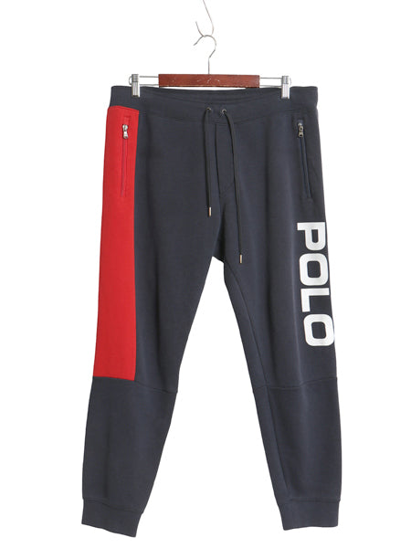 ポロ ラルフローレン 鹿の子 スウェット パンツ メンズ M / 古着 スムース トレーナー ビッグロゴ プリント イージーパンツ ツートン 紺 赤