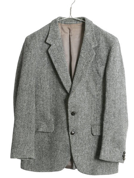 90s イギリス製 ハリスツイード テーラード ジャケット メンズ L 程 オールド ウール ツイード ブレザー ヘリンボーン ストライプ トラッド