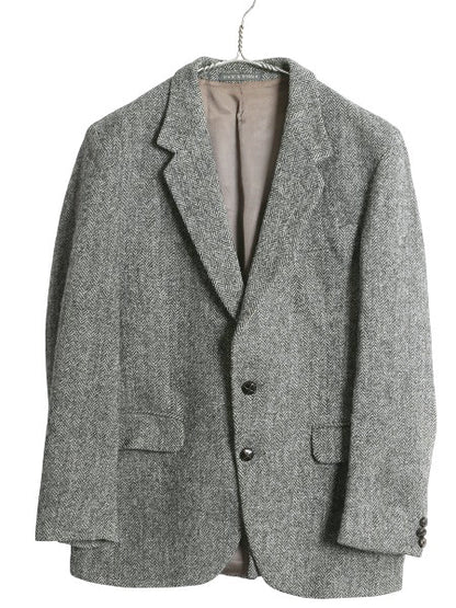 90s イギリス製 ハリスツイード テーラード ジャケット メンズ L 程 オールド ウール ツイード ブレザー ヘリンボーン ストライプ トラッド