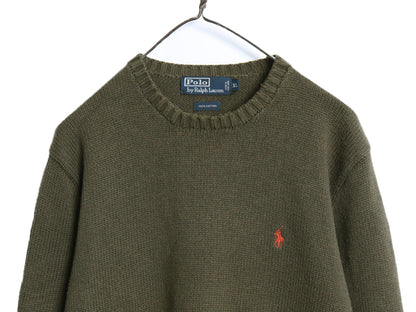 90s ポロ ラルフローレン コットン ニット セーター メンズ XL / オールド 長袖ニット ワンポイント クルーネック シンプル 大きいサイズ