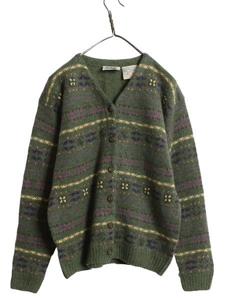 90s Northern Reflections フェアアイル ニット カーディガン レディース M / 前開き 羽織り ウール セーター ノルディック 総柄 トラッド