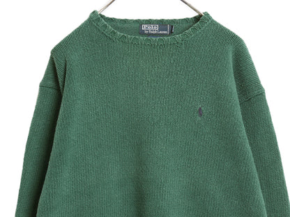 90s ポロ ラルフローレン コットン ニット セーター メンズ L 古着 オールド 長袖ニット ワンポイント クルーネック きれいめ シンプル 緑
