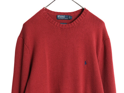 90s ポロ ラルフローレン コットン ニット セーター メンズ XL / オールド クルーネック ワンポイント ポニー リブ編み 無地 大きいサイズ