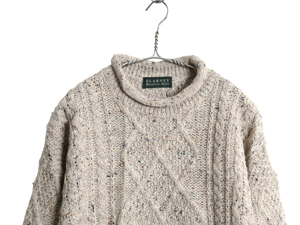 Blarney Woolen Mills フィッシャーマン ウール ニット セーター メンズ レディース L / ロールネック ヒツジ 刺繍 アラン ケーブル グレー