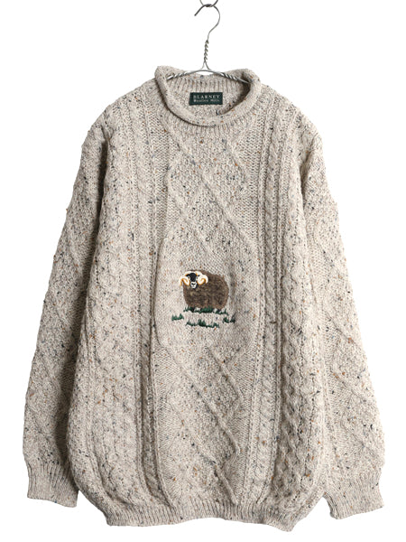 Blarney Woolen Mills フィッシャーマン ウール ニット セーター メンズ レディース L / ロールネック ヒツジ 刺繍 アラン ケーブル グレー