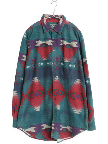 90s USA製 ウールリッチ ネイティブ 総柄 シャモア クロス シャツ メンズ XL 古着 オールド コットン ネルシャツ フランネル マルチカラー
