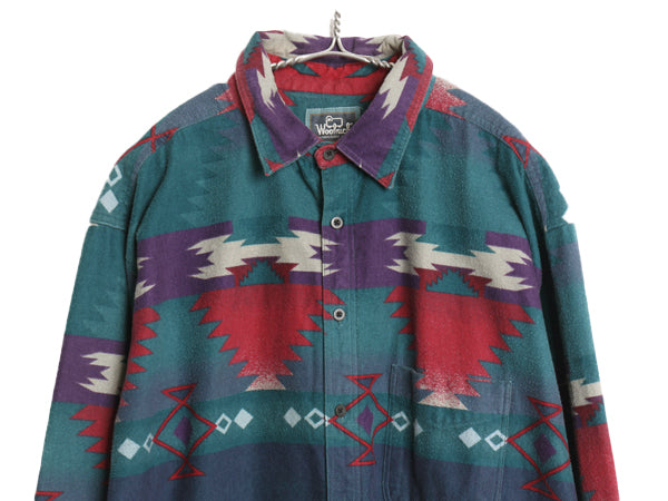 90s USA製 ウールリッチ ネイティブ 総柄 シャモア クロス シャツ メンズ XL 古着 オールド コットン ネルシャツ フランネル マルチカラー