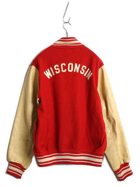 50s 60s ★ 袖 レザー ウール スタジャン 44 メンズ XL 程 ヴィンテージ フェルト ワッペン アワード ジャケット ブルゾン 赤 大きいサイズ