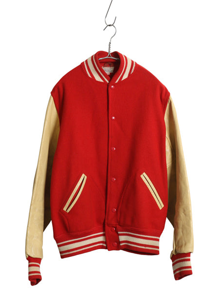 50s 60s ★ 袖 レザー ウール スタジャン 44 メンズ XL 程 ヴィンテージ フェルト ワッペン アワード ジャケット ブルゾン 赤 大きいサイズ