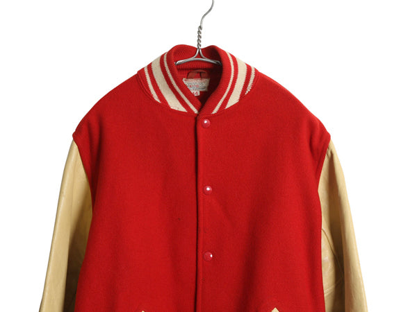 50s 60s ★ 袖 レザー ウール スタジャン 44 メンズ XL 程 ヴィンテージ フェルト ワッペン アワード ジャケット ブルゾン 赤 大きいサイズ