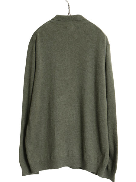 90s ランズエンド ニット ポロシャツ メンズ L 古着 オールド 高級 100% カシミヤ セーター 無地 ストレッチ ハイゲージ リブ編み カーキ