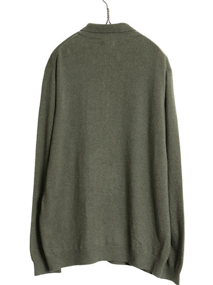 90s ランズエンド ニット ポロシャツ メンズ L 古着 オールド 高級 100% カシミヤ セーター 無地 ストレッチ ハイゲージ リブ編み カーキ