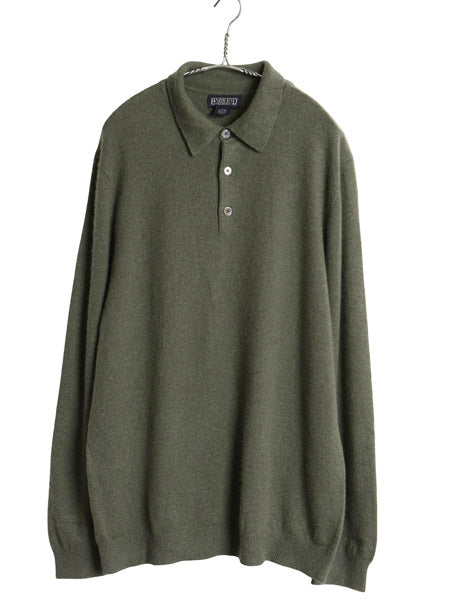 90s ランズエンド ニット ポロシャツ メンズ L 古着 オールド 高級 100% カシミヤ セーター 無地 ストレッチ ハイゲージ リブ編み カーキ