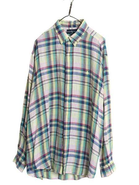 90s ラルフローレン チェック 長袖 ボタンダウン シャツ メンズ XL オールド ポロ 100% リネン 高級 長袖シャツ ワンポイント 大きいサイズ