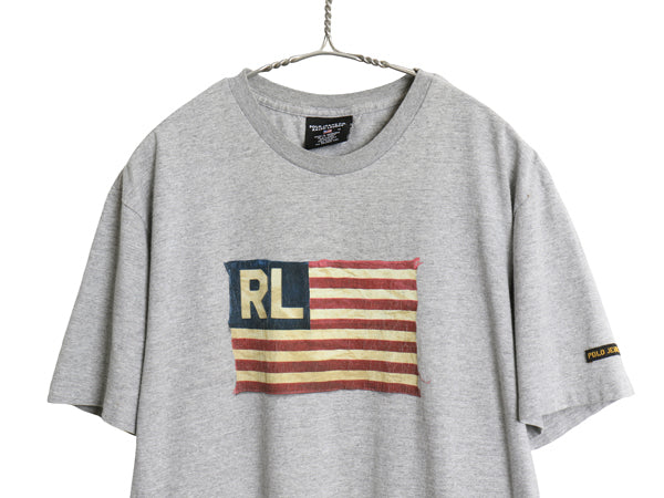 ポロジーンズ ラルフローレン 星条旗 プリント 半袖 Tシャツ メンズ M 古着 カットソー アート イラスト グラフィック シンプル 杢 グレー