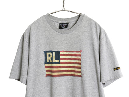 ポロジーンズ ラルフローレン 星条旗 プリント 半袖 Tシャツ メンズ M 古着 カットソー アート イラスト グラフィック シンプル 杢 グレー