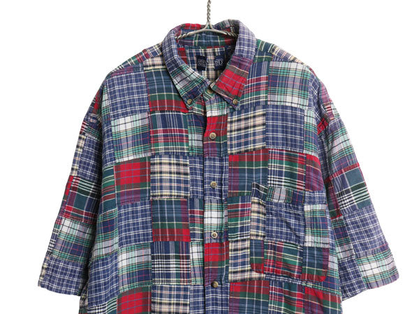 90s ランズエンド パッチワーク 半袖 ボタンダウン シャツ メンズ XL 旧タグ コットン マドラス チェック クレイジーパターン 大きいサイズ