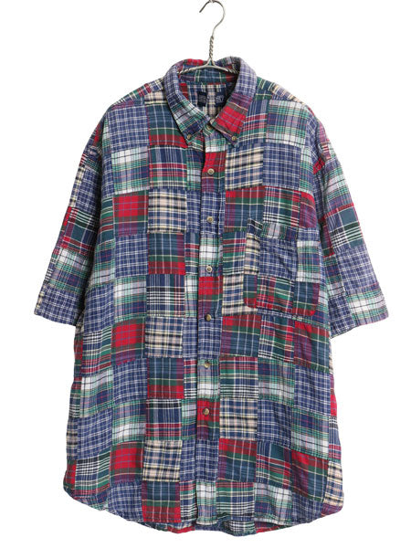 90s ランズエンド パッチワーク 半袖 ボタンダウン シャツ メンズ XL 旧タグ コットン マドラス チェック クレイジーパターン 大きいサイズ