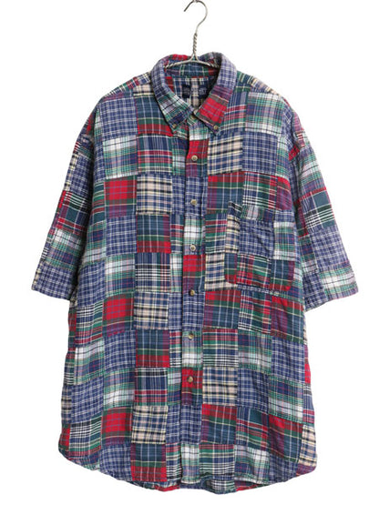 90s ランズエンド パッチワーク 半袖 ボタンダウン シャツ メンズ XL 旧タグ コットン マドラス チェック クレイジーパターン 大きいサイズ