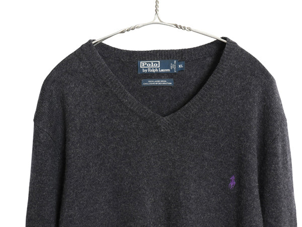 00s ポロ ラルフローレン ニット セーター メンズ XL オールド ラム ウール リブ編み Vネック ワンポイント ポニー 刺繍 大きいサイズ 濃灰