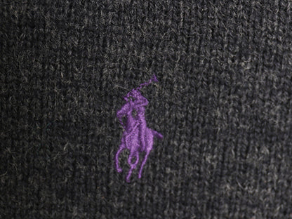 00s ポロ ラルフローレン ニット セーター メンズ XL オールド ラム ウール リブ編み Vネック ワンポイント ポニー 刺繍 大きいサイズ 濃灰
