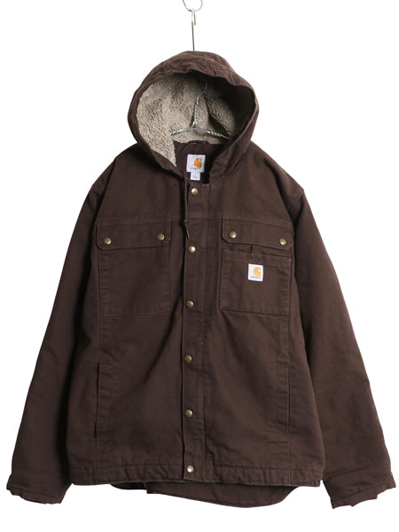 US企画 カーハート ダック パーカー ジャケット メンズ L 古着 裏 ボア パイル フリース フード ブルゾン ジャンパー 廃盤 ワーク ブラウン