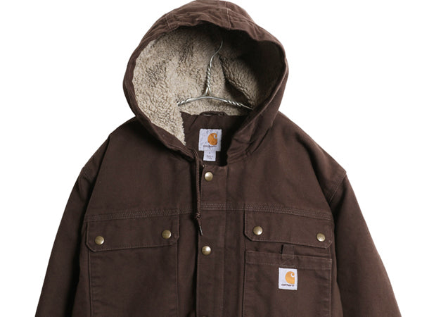 US企画 カーハート ダック パーカー ジャケット メンズ L 古着 裏 ボア パイル フリース フード ブルゾン ジャンパー 廃盤 ワーク ブラウン
