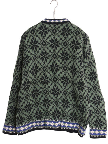 90s USA製 エルエルビーン ノルディック ニット カーディガン レディース M 古着 オールド ウール セーター バーズアイ 総柄 前開き 羽織り
