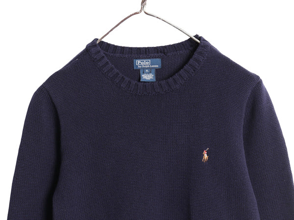 00s ポロ ラルフローレン コットン ニット セーター キッズ XL レディース L 程 オールド クルーネック ワンポイント ポニー リブ編み 無地