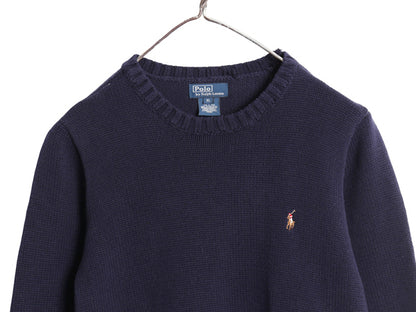 00s ポロ ラルフローレン コットン ニット セーター キッズ XL レディース L 程 オールド クルーネック ワンポイント ポニー リブ編み 無地