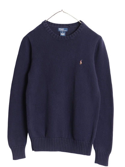 00s ポロ ラルフローレン コットン ニット セーター キッズ XL レディース L 程 オールド クルーネック ワンポイント ポニー リブ編み 無地