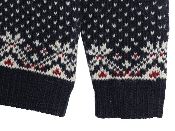 ノルウェー製 エルエルビーン 総柄 ニット カーディガン レディース XS ウール セーター 前開き 羽織り バーズアイ ノルディック ネイビー