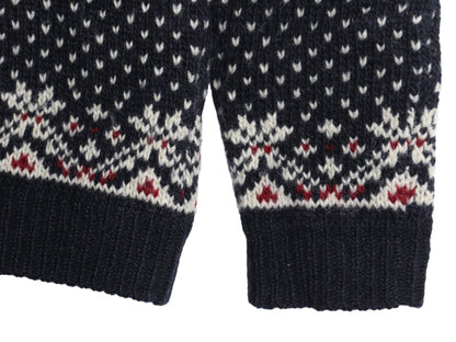 ノルウェー製 エルエルビーン 総柄 ニット カーディガン レディース XS ウール セーター 前開き 羽織り バーズアイ ノルディック ネイビー