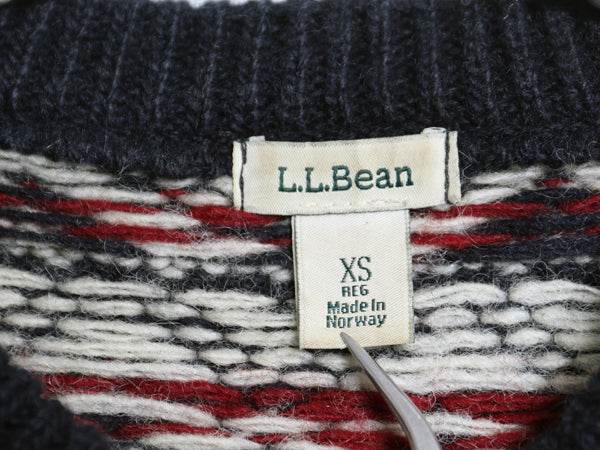 ノルウェー製 エルエルビーン 総柄 ニット カーディガン レディース XS ウール セーター 前開き 羽織り バーズアイ ノルディック ネイビー