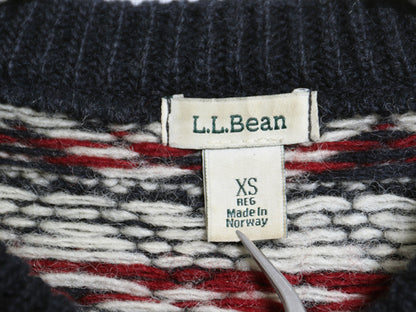 ノルウェー製 エルエルビーン 総柄 ニット カーディガン レディース XS ウール セーター 前開き 羽織り バーズアイ ノルディック ネイビー