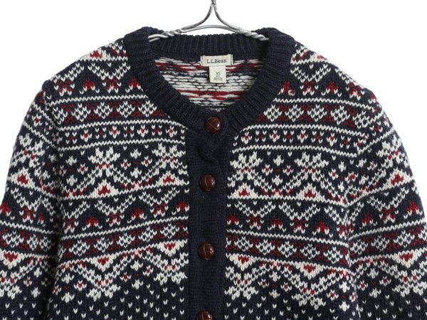 ノルウェー製 エルエルビーン 総柄 ニット カーディガン レディース XS ウール セーター 前開き 羽織り バーズアイ ノルディック ネイビー