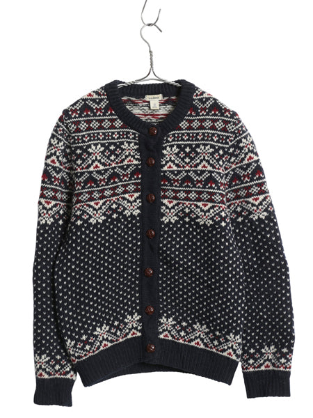 ノルウェー製 エルエルビーン 総柄 ニット カーディガン レディース XS ウール セーター 前開き 羽織り バーズアイ ノルディック ネイビー