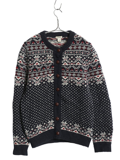 ノルウェー製 エルエルビーン 総柄 ニット カーディガン レディース XS ウール セーター 前開き 羽織り バーズアイ ノルディック ネイビー