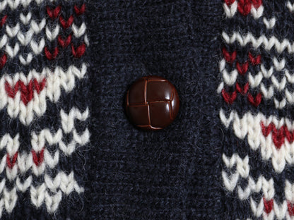 ノルウェー製 エルエルビーン 総柄 ニット カーディガン レディース XS ウール セーター 前開き 羽織り バーズアイ ノルディック ネイビー