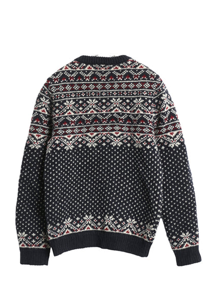 ノルウェー製 エルエルビーン 総柄 ニット カーディガン レディース XS ウール セーター 前開き 羽織り バーズアイ ノルディック ネイビー