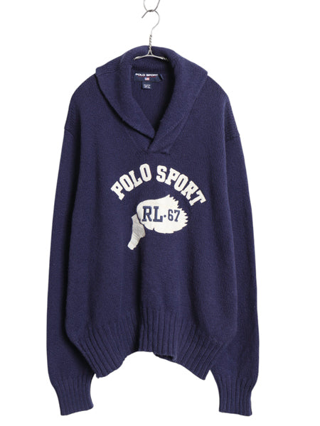 90s ポロスポーツ ラルフローレン ショールカラー コットン ニット セーター メンズ XXL / オールド ポロ ウイングフット フェルト パッチ