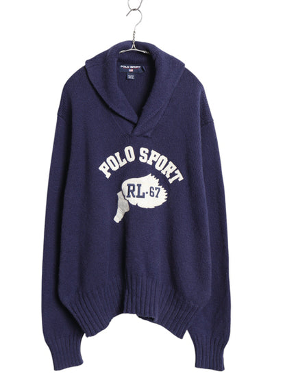 90s ポロスポーツ ラルフローレン ショールカラー コットン ニット セーター メンズ XXL / オールド ポロ ウイングフット フェルト パッチ